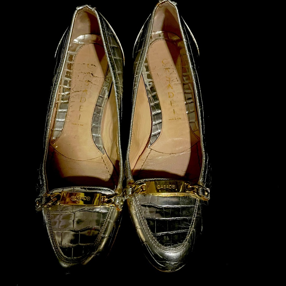 Gold croc print loafers